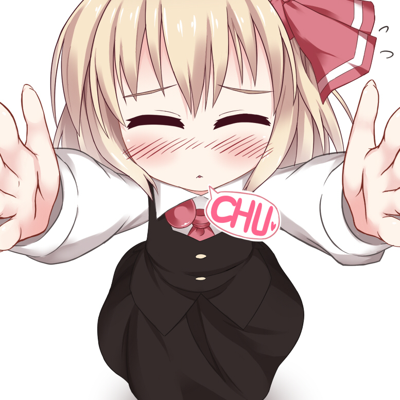 1girl, blonde_hair, blush, carry_me, closed_eyes, dress, hair_ribbon, kiss, outstretched_arms, razy_(skuroko), ribbon, rumia, short_hair, smile, solo, touhou