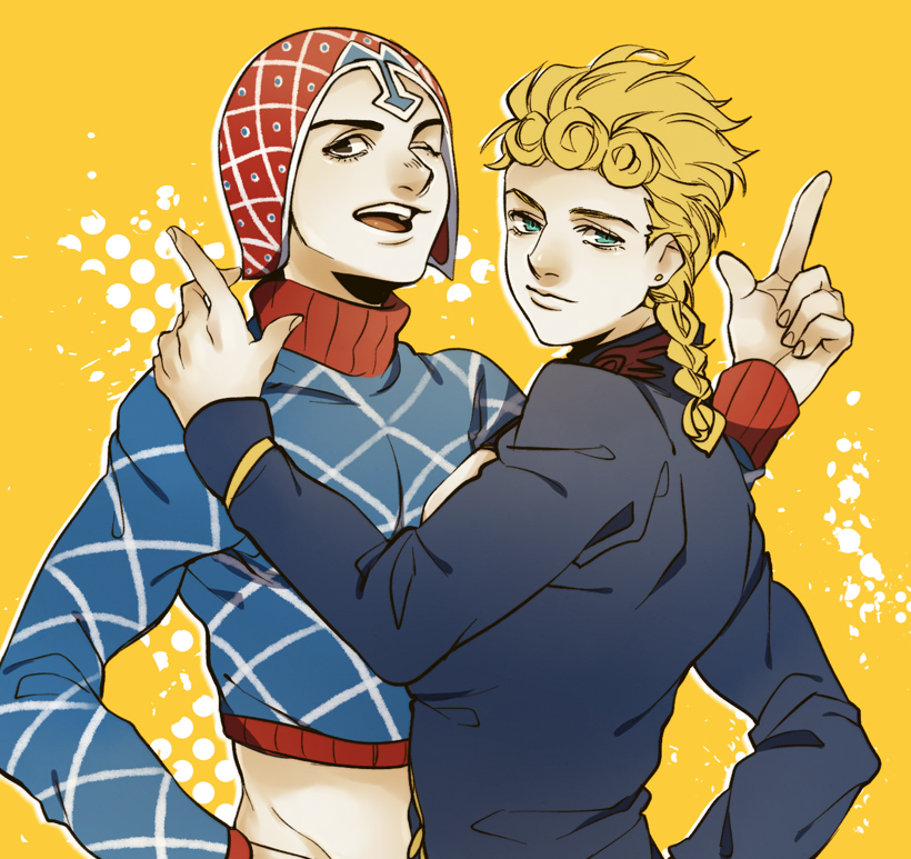 2boys, black_eyes, blonde_hair, blue_eyes, braid, canislatrans, giorno_giovanna, guido_mista