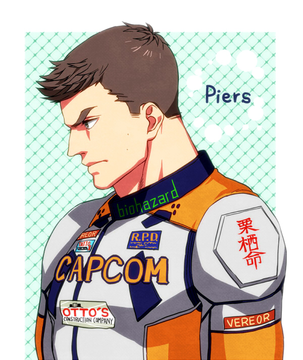1boy, brown_hair, castella, logo, piers_nivans, racing_uniform, resident_evil, resident_evil_6