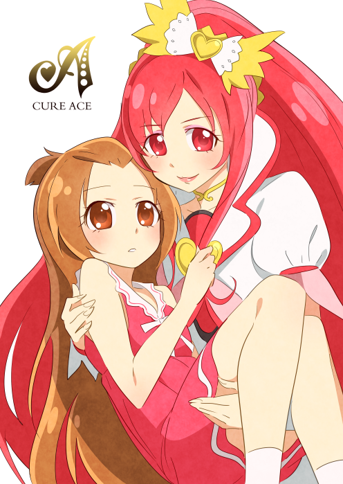 1girl, 2girls, blush, bow, brooch, brown_eyes, brown_hair, carrying