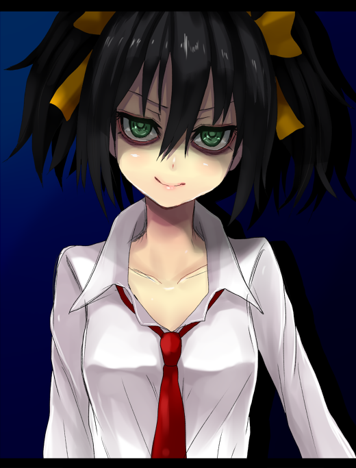 black_hair, collarbone, green_eyes, hair_ribbon, kuroki_tomoko, necktie, ribbon, school_uniform