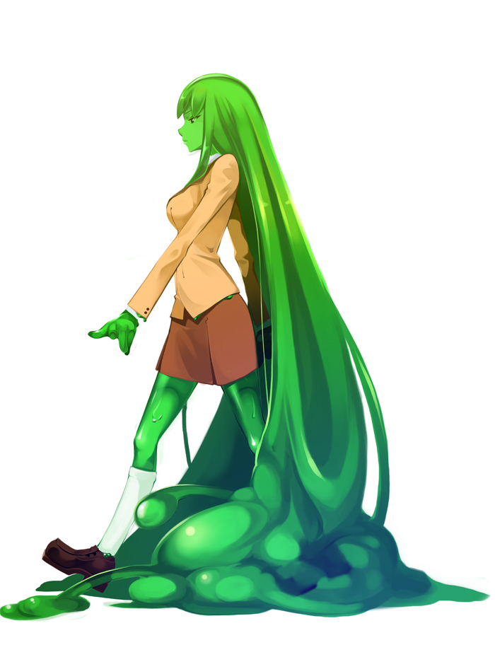 blazer, goo_girl, green, green_hair, issencia, kneehighs, loafers, long_hair, monster_girl, original, school_uniform, shoes, skirt, very_long_hair, walking
