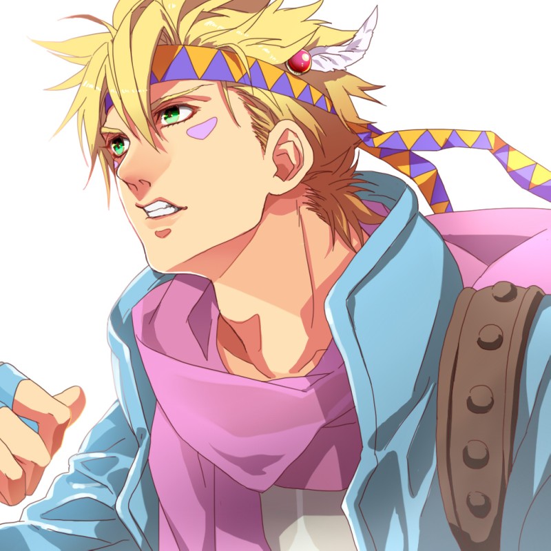 1boy, almightyx124, blonde_hair, blue_jacket, bubble, caesar_anthonio_zeppeli, facial_mark, feathers