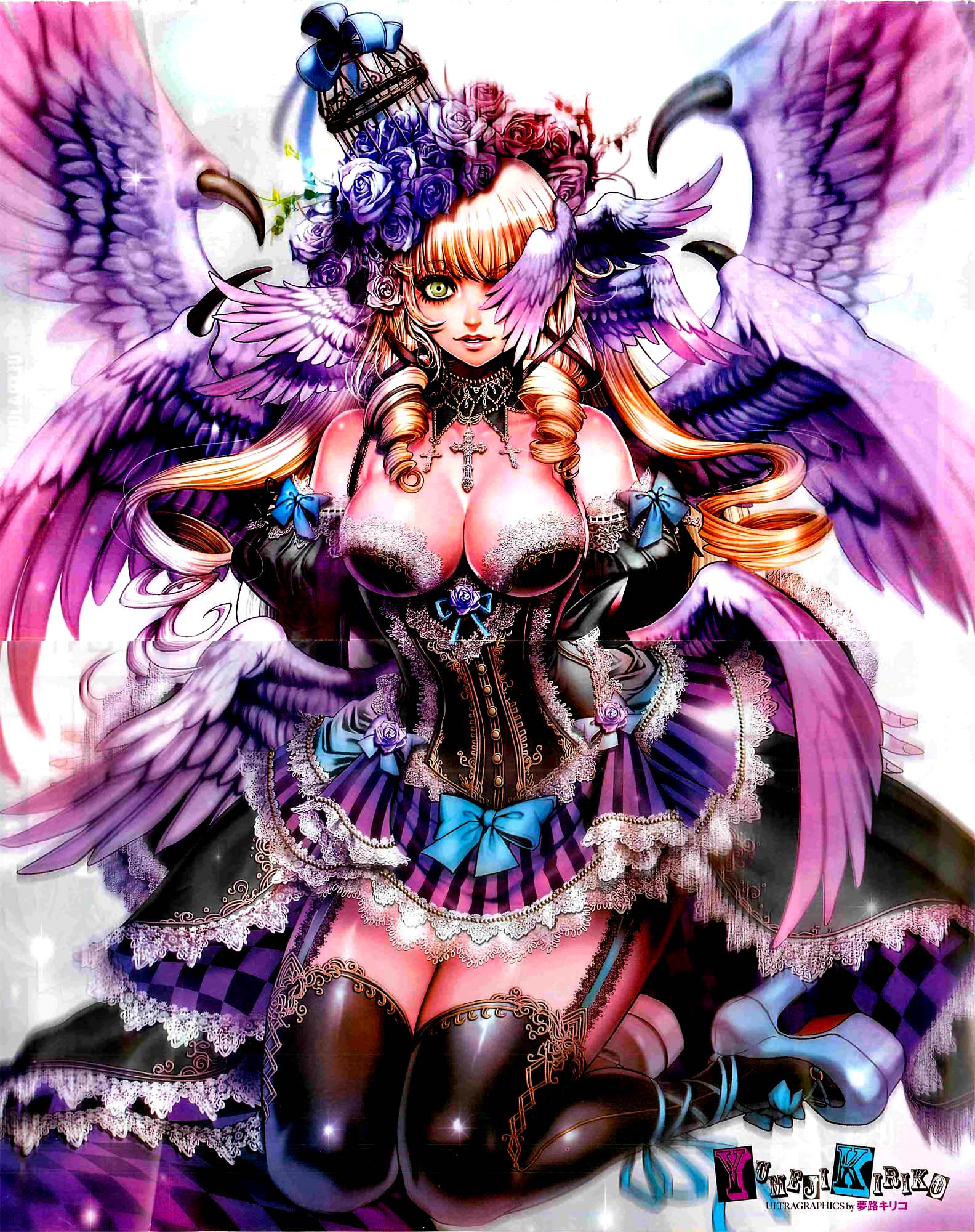 angel_wings, black_thighhighs, blonde_hair, breasts, cleavage, crease, drill_hair, flower