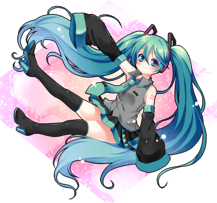 1girl, aqua_eyes, aqua_hair, blush, boots, detached_sleeves, hatsune_miku, headphones