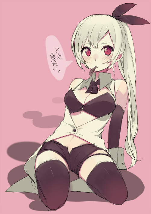 1girl, bare_shoulders, black_legwear, blonde_hair, blush, bow, breasts, cleavage