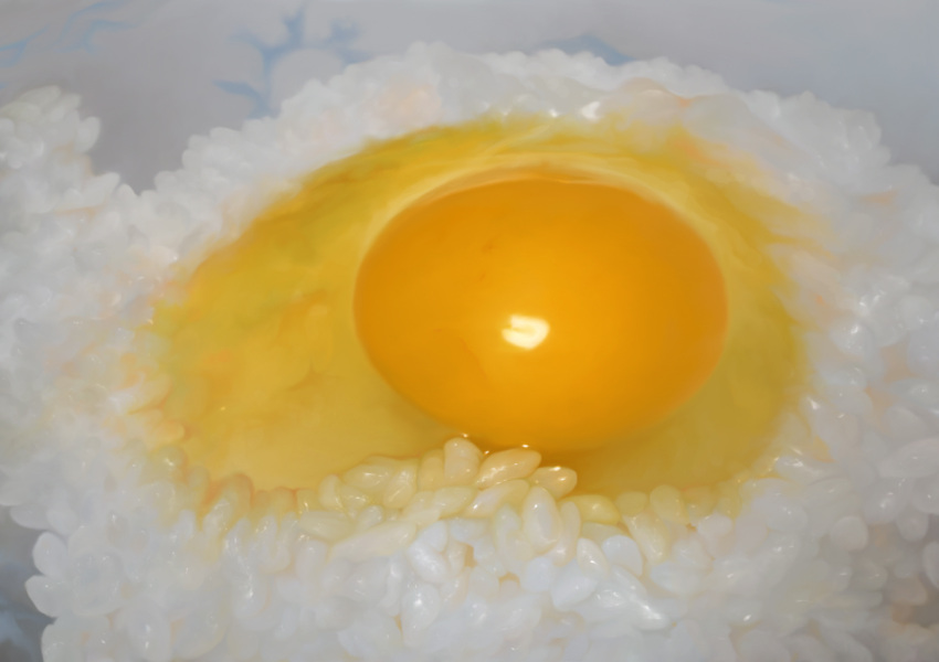 bowl, chaostarou, egg, food, no_humans, original, photorealistic, rice