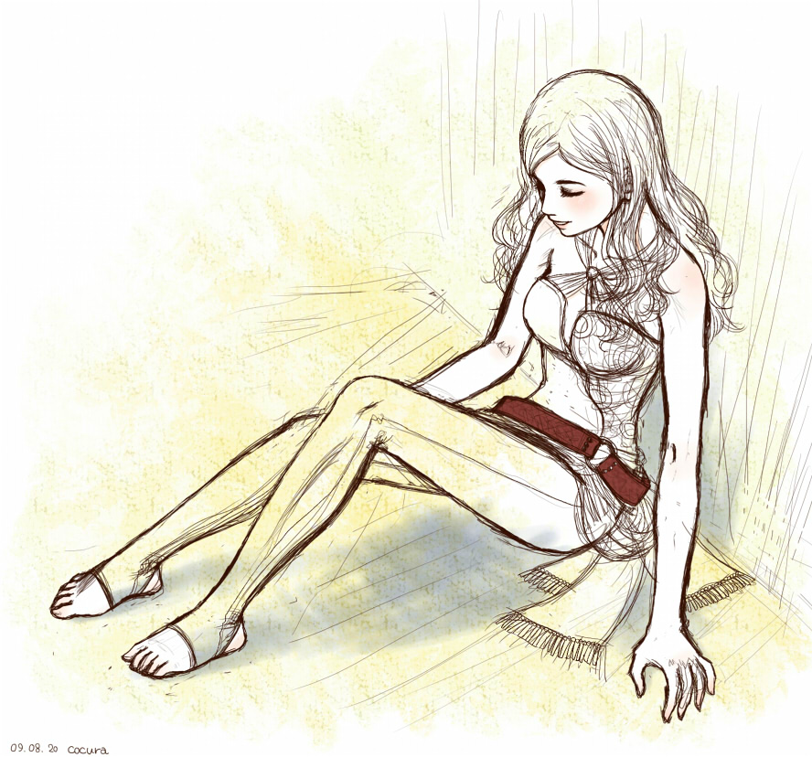 bare_shoulders, belt, blush, body_blush, cocura, closed_eyes, feet, final_fantasy, final_fantasy_ii, maria_(ff2), monochrome, pantyhose, sitting, sketch, toeless_pantyhose