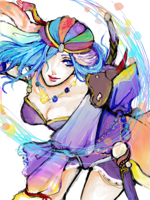 bandana, blue_eyes, blue_hair, cleavage, final_fantasy, final_fantasy_ii, hair_over_one_eye, k_ta