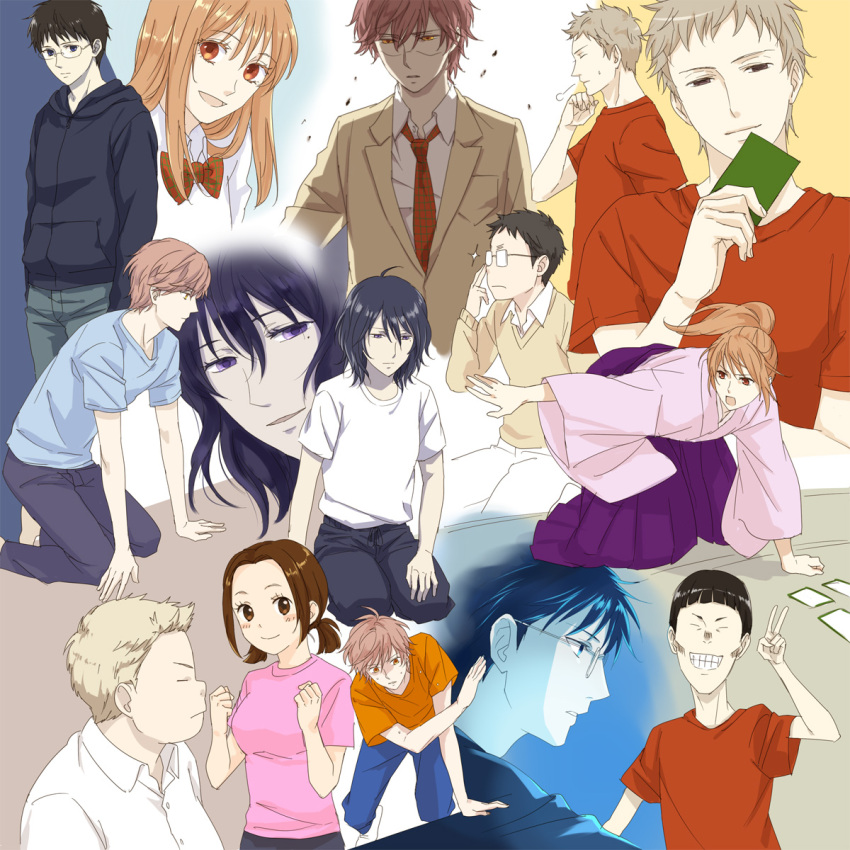 3girls, 5boys, adjusting_glasses, ayase_chihaya, black_hair, blue_eyes, bowl_cut, bowtie