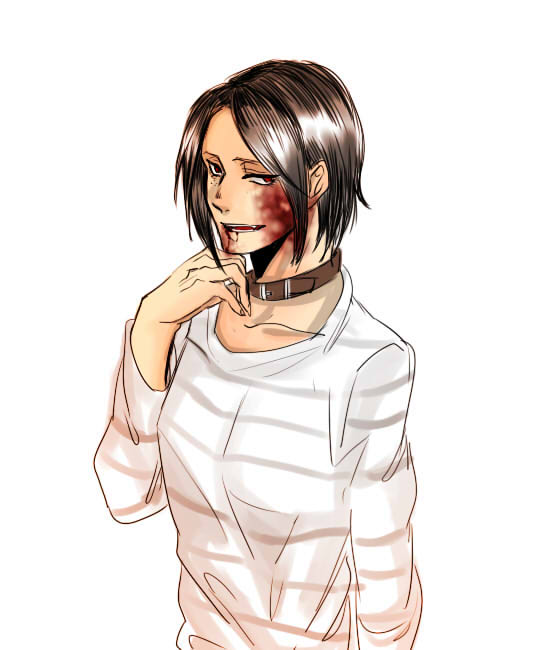 1girl, black_hair, blood, blood_in_mouth, collar, hair_down, injury, motyu_(ogik123), open_mouth, shingeki_no_kyojin, short_hair, solo, striped, white_background, ymir_(shingeki_no_kyojin)
