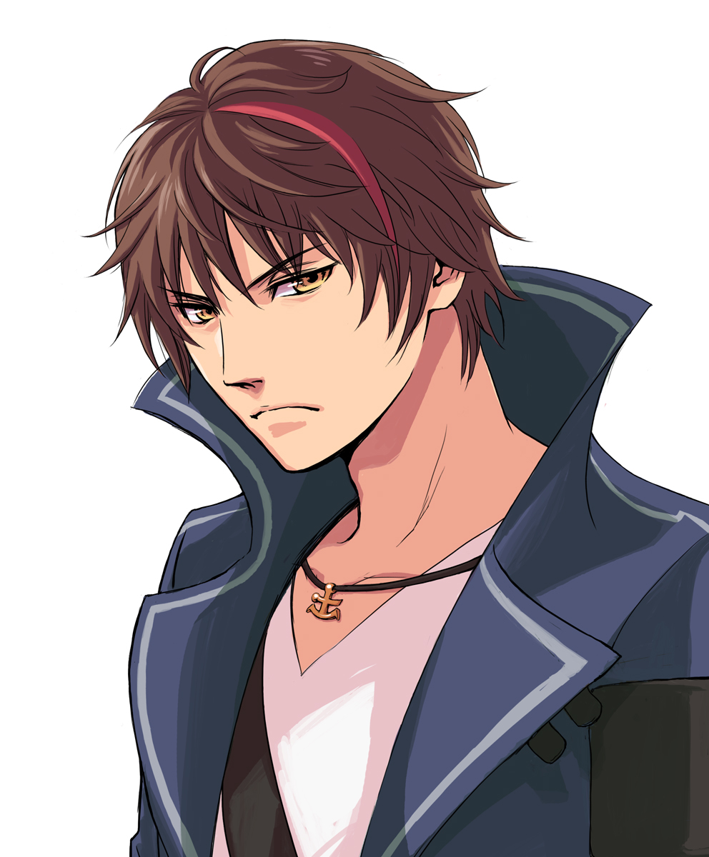 1boy, anchor, armband, brown_hair, bust, coat, highres, jewelry