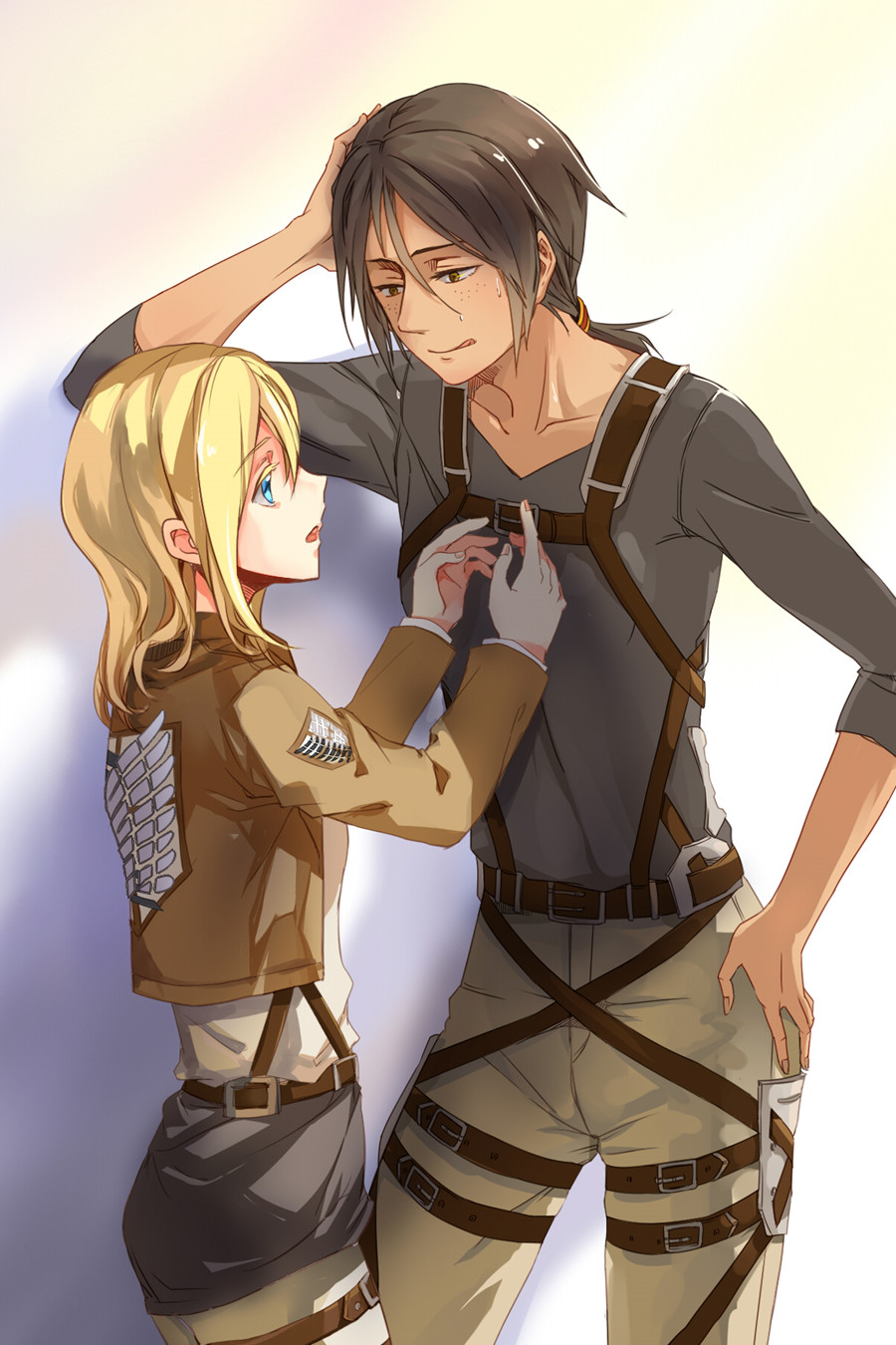 2girls, :q, christa_renz, colored_eyelashes, freckles, hand_on_own_head, highres, jacket