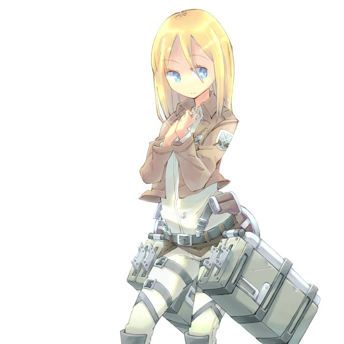 1girl, belt, blonde_hair, blue_eyes, buckle, christa_renz, hands_to_own_chest, no_nose