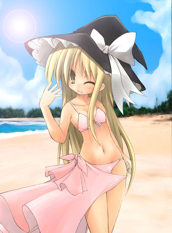 bikini, blush, hat, kirisame_marisa, long_hair, nikubanare, swimsuit, touhou