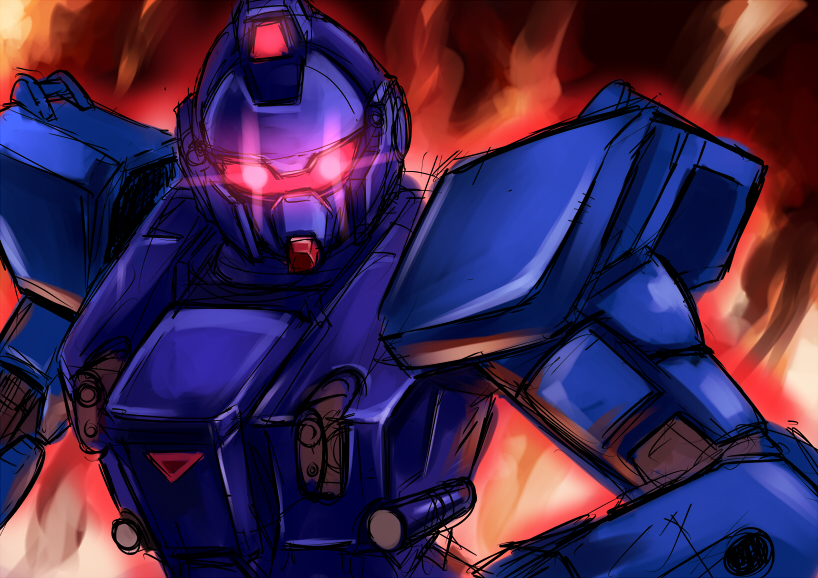 blue_destiny_01, fire, glowing, glowing_eyes, gundam, gundam_side_story:_the_blue_destiny, mecha, glasses_man
