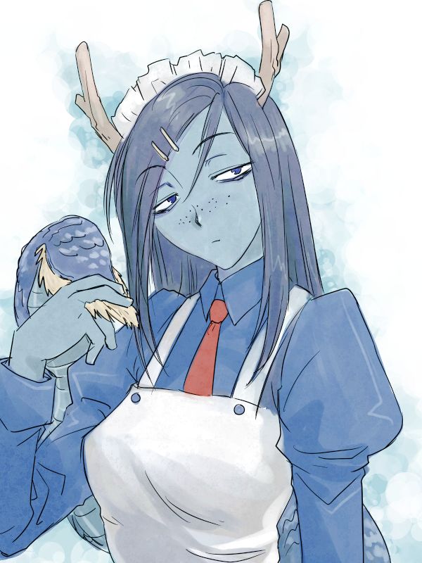 1girl, apron, blue_hair, blue_skin, dragon_girl, freckles, futaba_channel, hair_ornament
