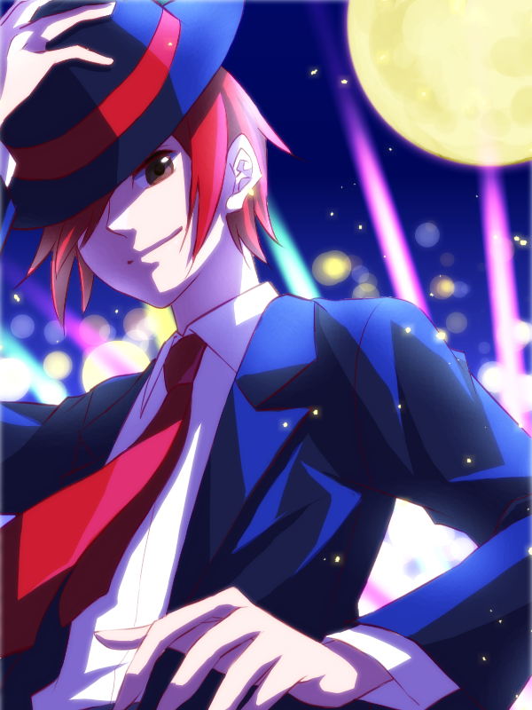1boy, fedora, hair_over_one_eye, hat, moon, night, night_sky, phantom_r, redhead, rhythm_thief, sega, sky, tagme, yukino_(yuki_00)