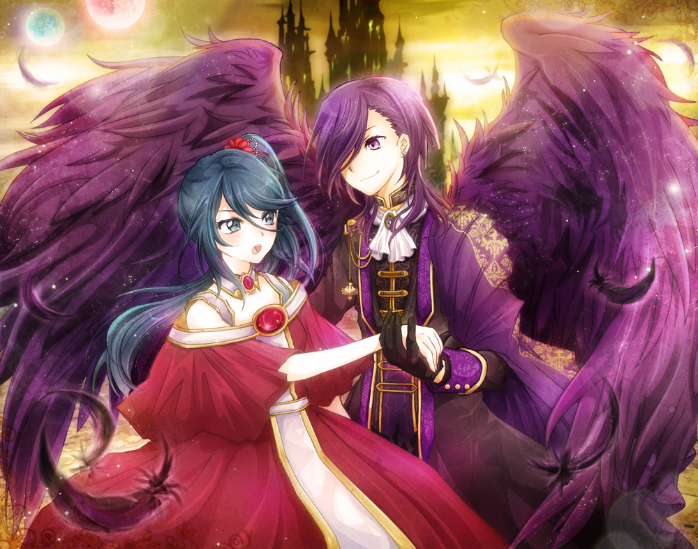 black_hair, black_wings, castle, dress, hataraku_maou-sama!, kamazuki_suzuno, kapin, lucifer_(hataraku_maou-sama!)