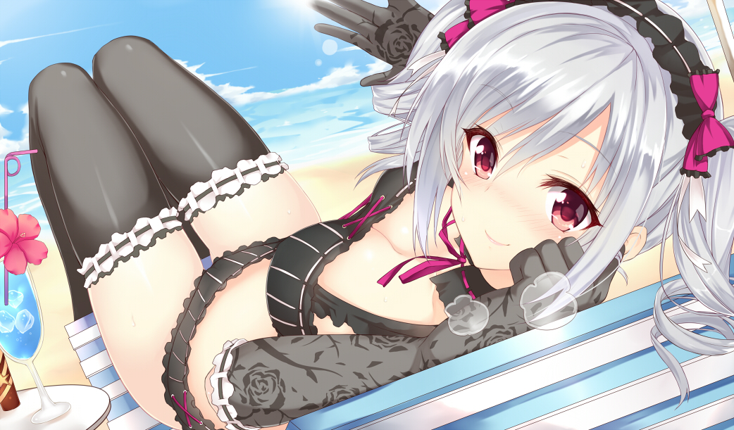 1girl, beach, black_gloves, black_legwear, blush, breath, drill_hair, glass, gloves, idolmaster, idolmaster_cinderella_girls, kanzaki_ranko, kurifuto, long_hair, looking_at_viewer, lying, ocean, red_eyes, ribbon, silver_hair, smile, thighhighs, twintails