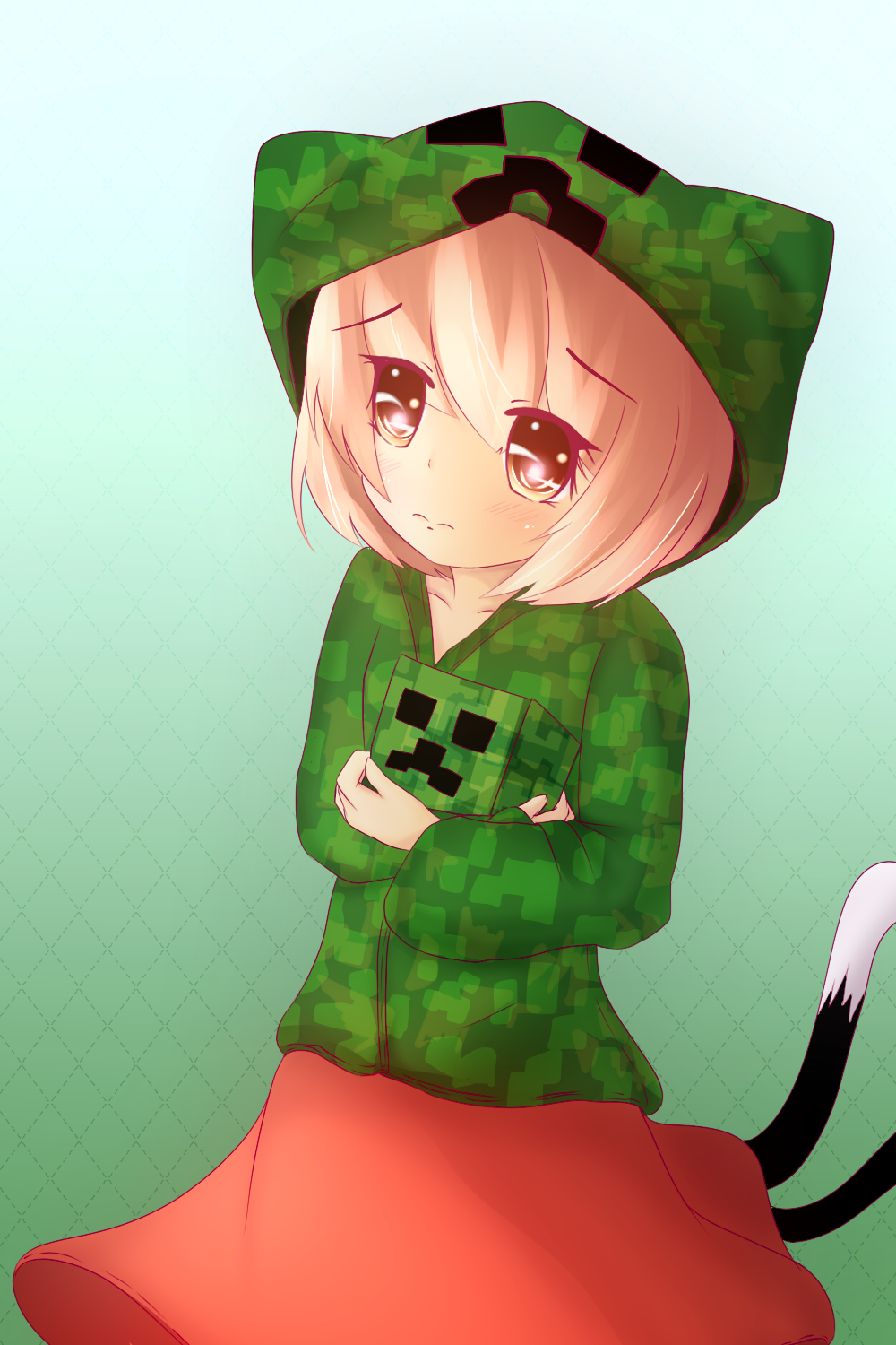 1girl, blush, chen, creeparka, creeper, creeper_(cosplay), diamond_(shape), dress