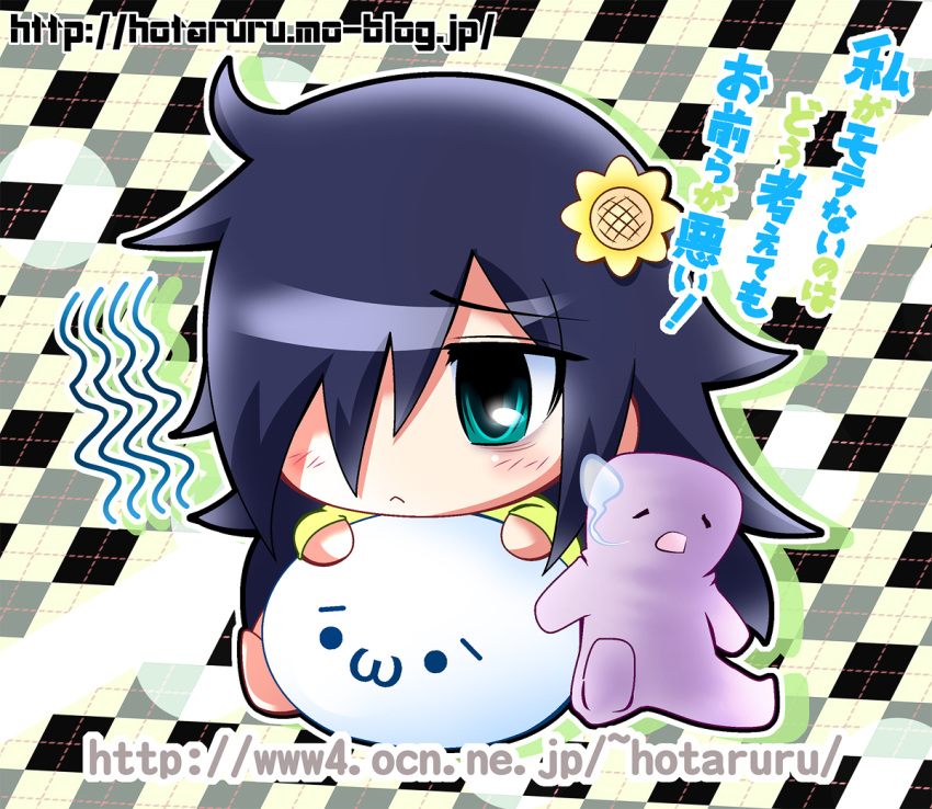1girl, :3, bags_under_eyes, black_hair, blush, checkered, checkered_background, chibi