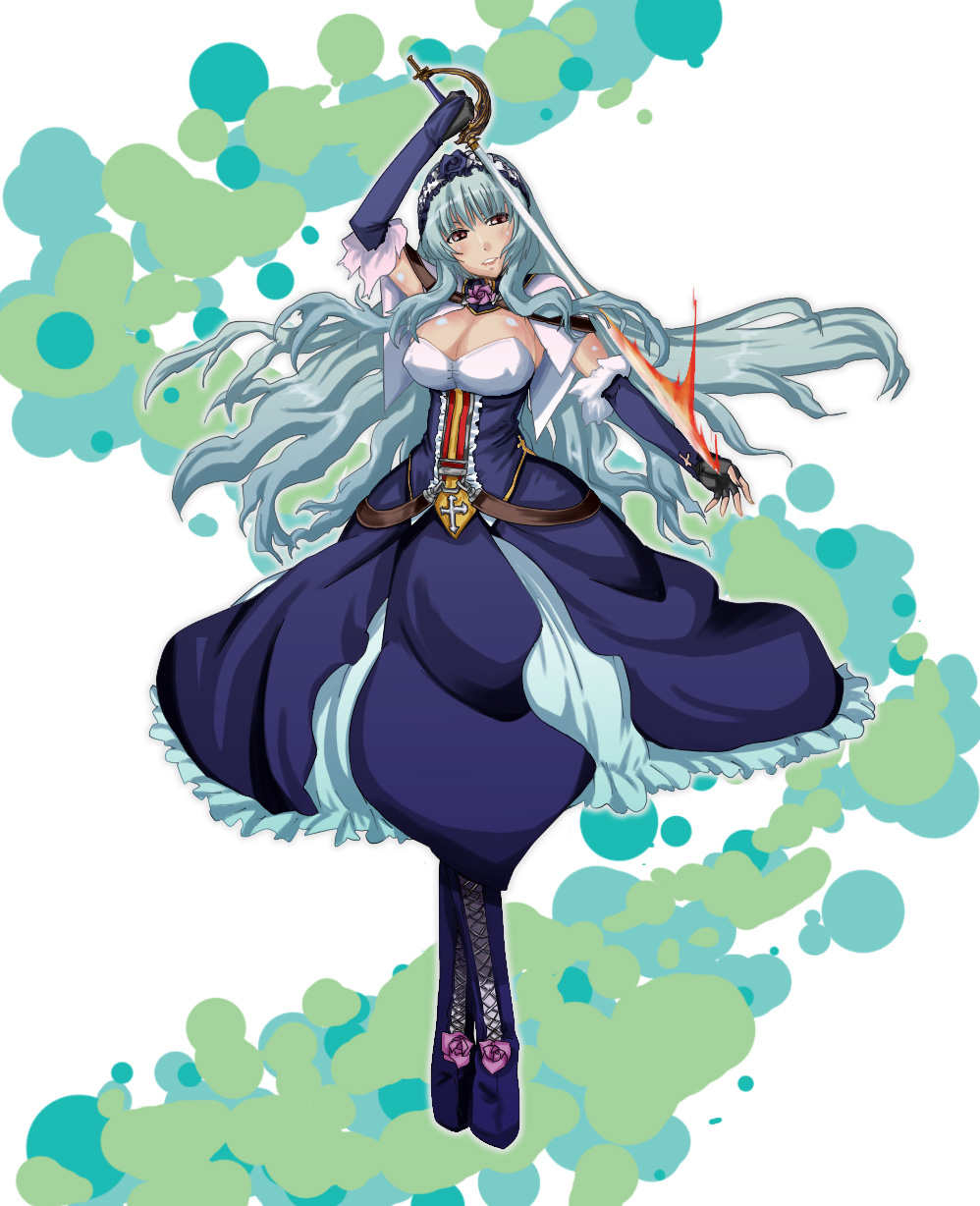 1girl, blue_hair, breasts, cleavage, cross, cross-laced_footwear, dress, elbow_gloves