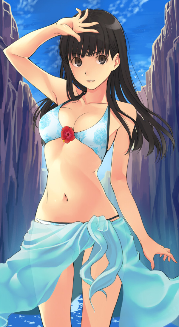 1girl, amagami, arm_up, ayatsuji_tsukasa, bikini, black_eyes, black_hair, blue_bikini