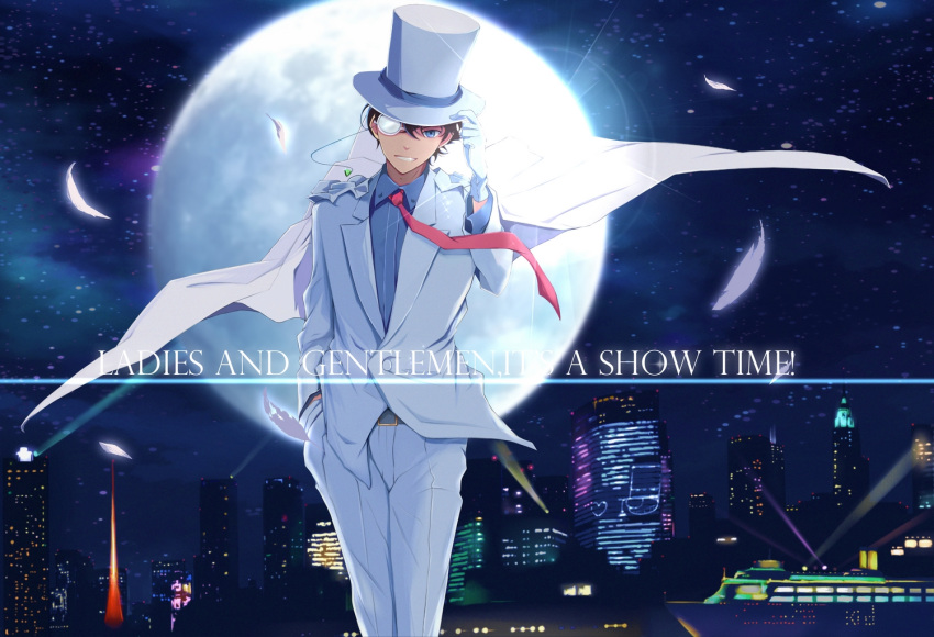 1boy, blue_eyes, brown_hair, cape, cityscape, full_moon, hat, kaitou_kid