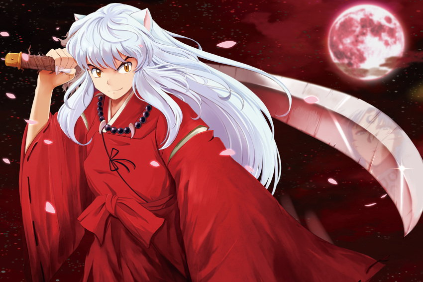 1boy, animal_ears, dog_ears, full_moon, inuyasha, inuyasha_(character), japanese_clothes, long_hair, moon, solo, sword, tessaiga, weapon, white_hair, yellow_eyes, zkxandy