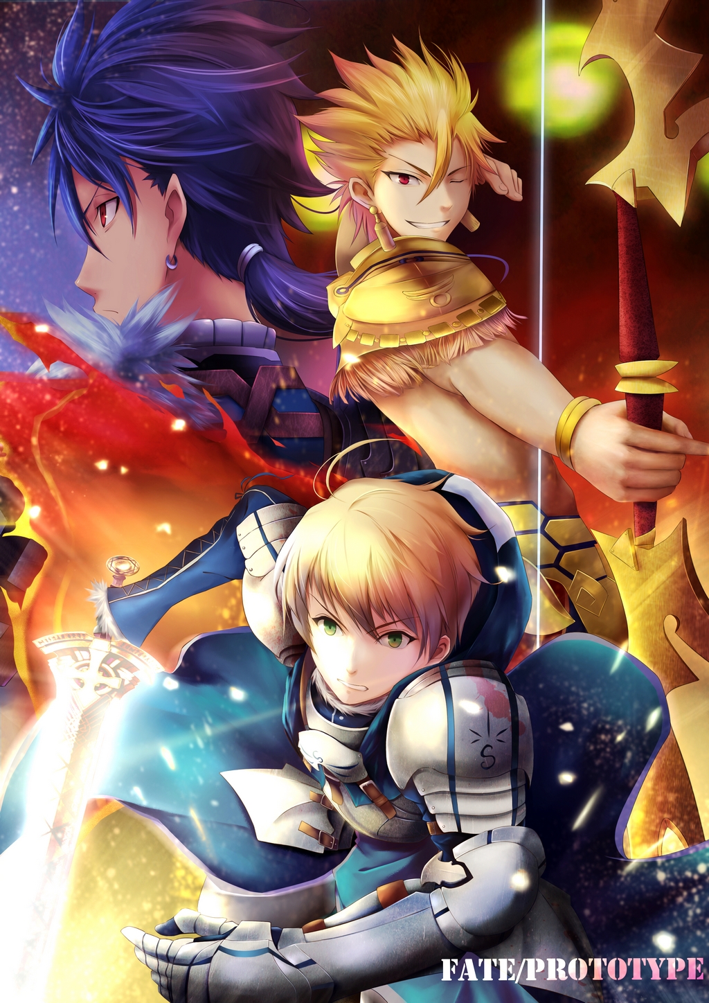 3boys, ahoge, archer_(fate/prototype), armor, blonde_hair, blue_hair, bow_(weapon), earrings