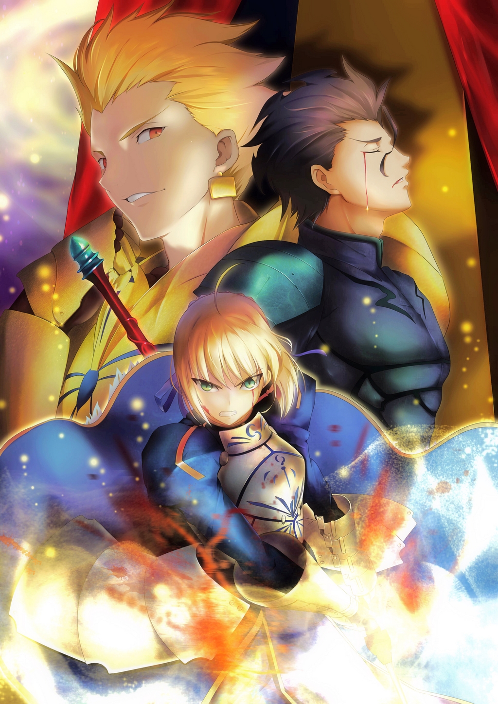 1girl, 2boys, ahoge, armor, armored_dress, black_hair, blonde_hair, blood