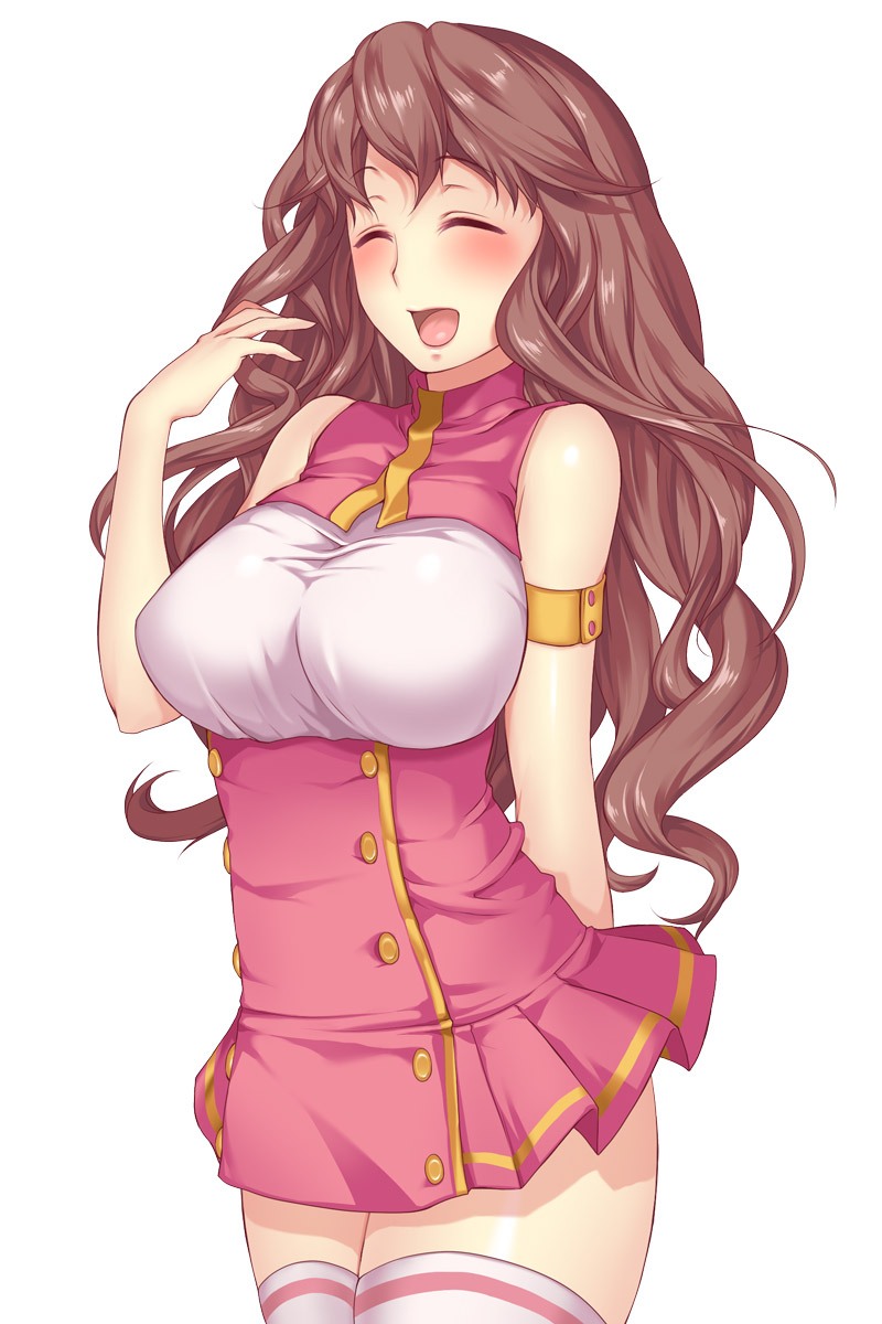 1girl, armband, blush, breasts, brown_hair, closed_eyes, dress, highres