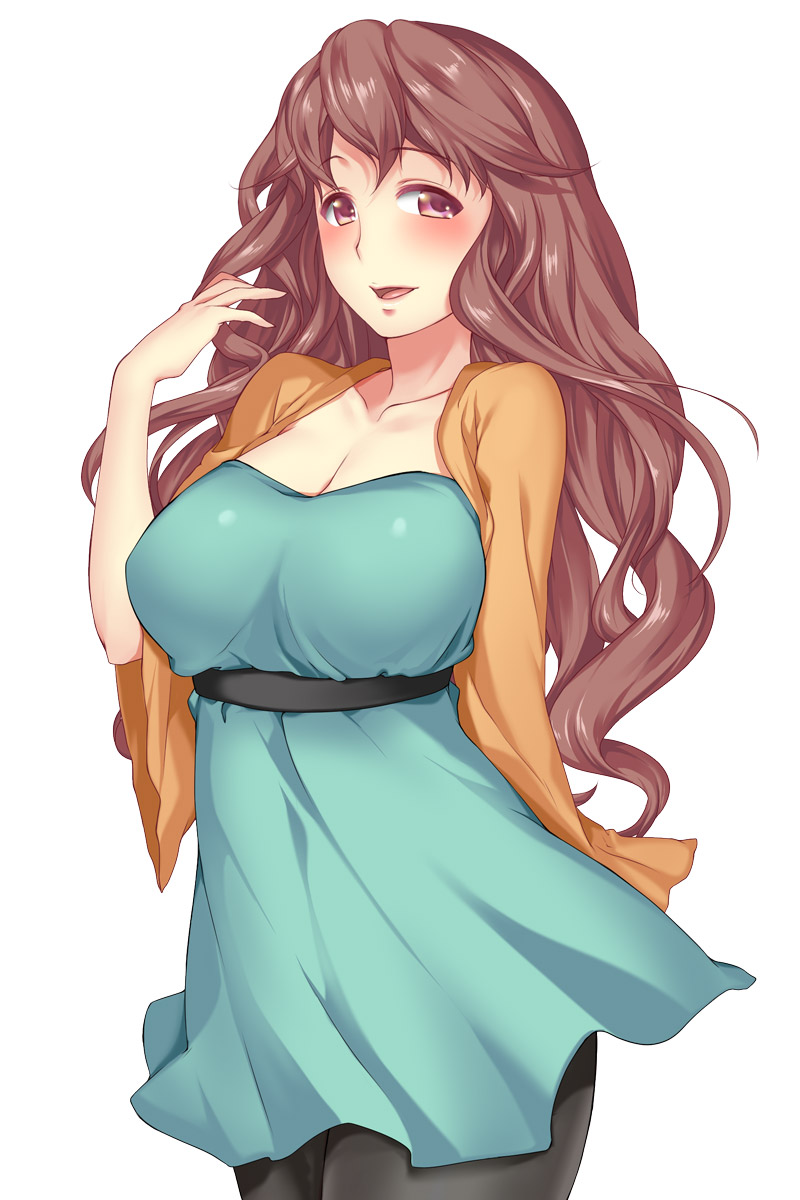 1girl, blush, breasts, brown_eyes, brown_hair, cleavage, dress, highres, large_breasts, long_hair, looking_at_viewer, open_mouth, original, sabotencc, simple_background, smile, solo, wavy_hair