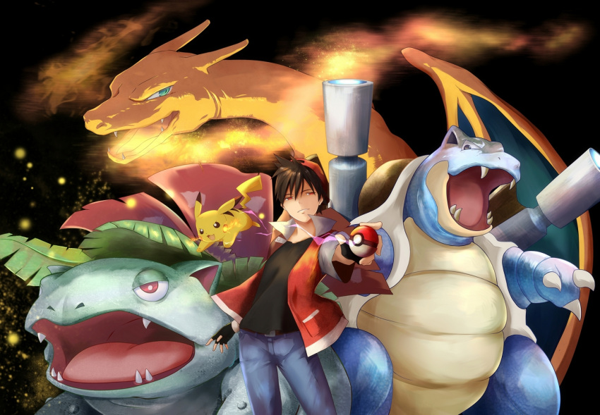 1boy, baseball_cap, black_hair, blastoise, charizard, fingerless_gloves, gloves, hat