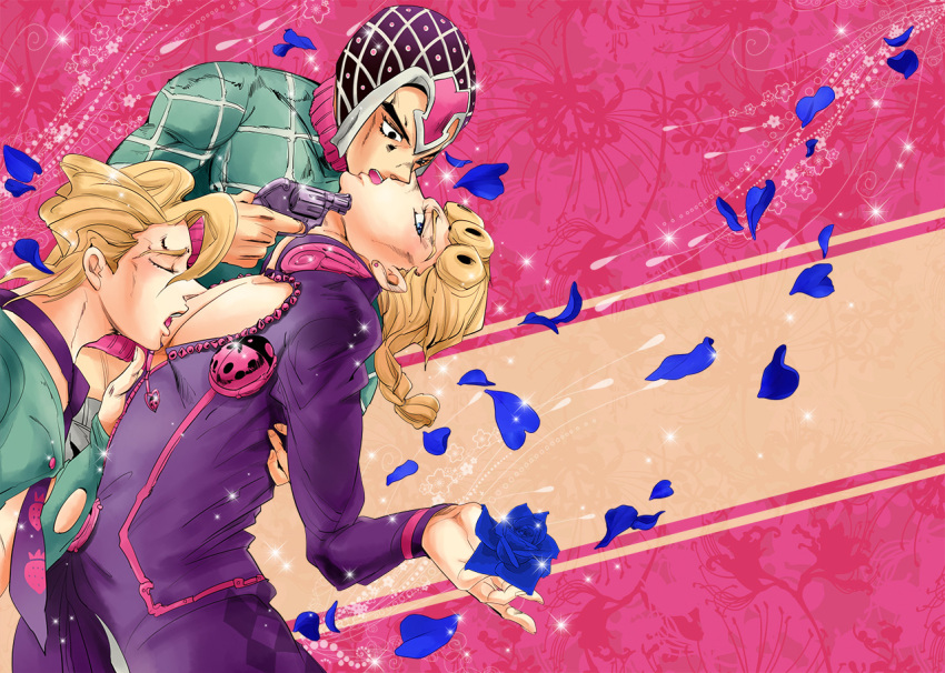 3boys, black_eyes, blonde_hair, blue_eyes, giorno_giovanna, guido_mista, gun, hat