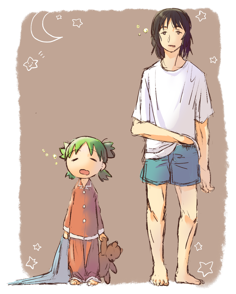 1boy, 1girl, black_eyes, black_hair, blanket, boxers, brown_background, closed_eyes