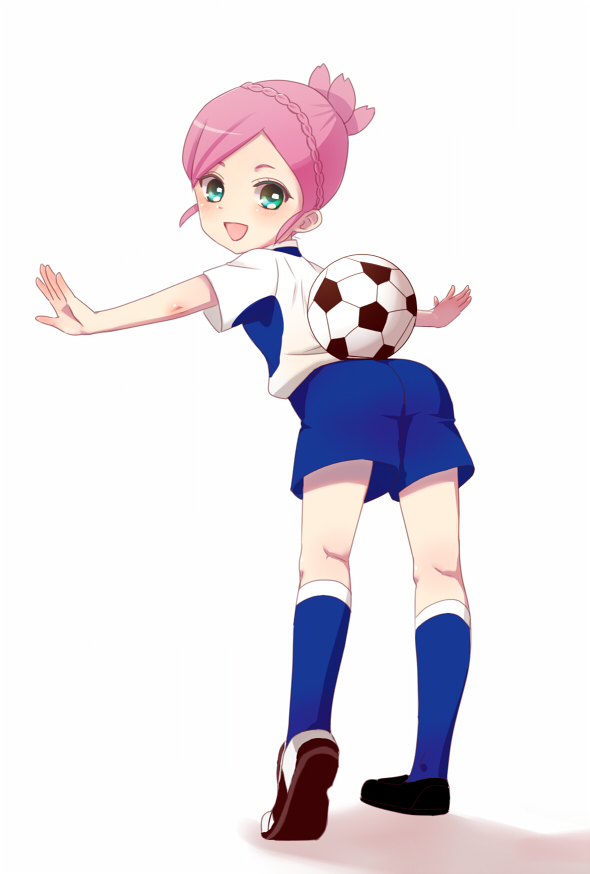 1girl, :d, ass, ball, blush, from_behind, green_eyes, inazuma_eleven_(series)