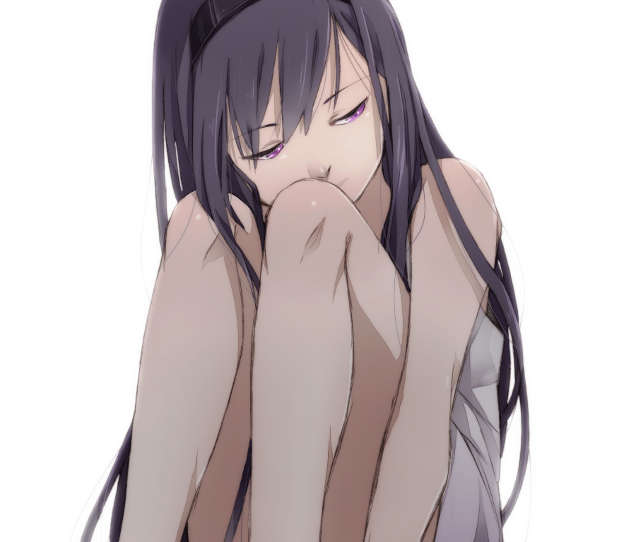 1girl, akemi_homura, arm_support, black_hair, dress, fetal_position, hairband, knees, long_hair, looking_away, mahou_shoujo_madoka_magica, marimo_shounen, sad, sitting, violet_eyes, white_background