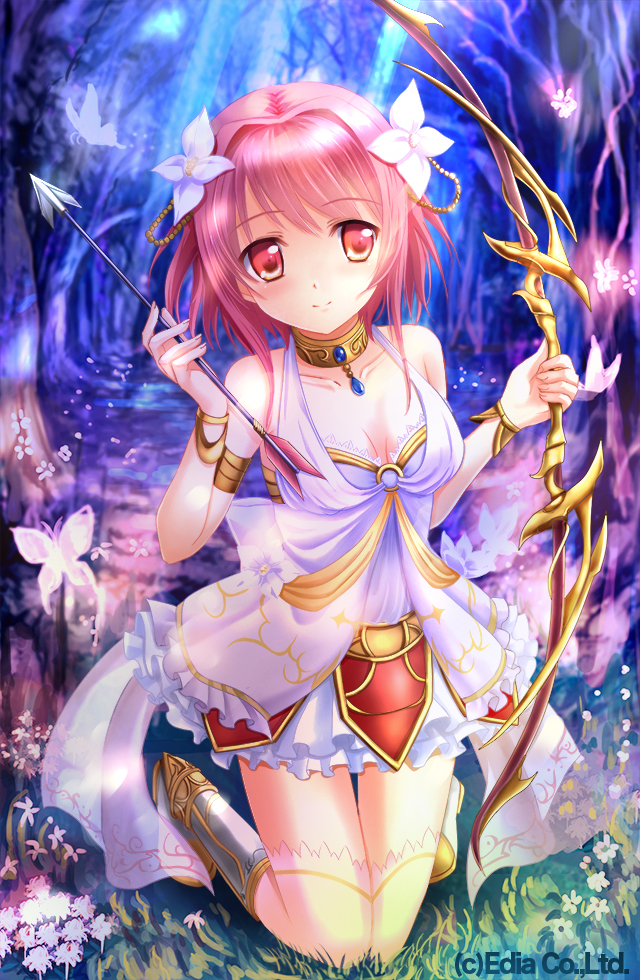 1girl, arrow, bangle, bow_(weapon), bracelet, butterfly, collarbone, flower