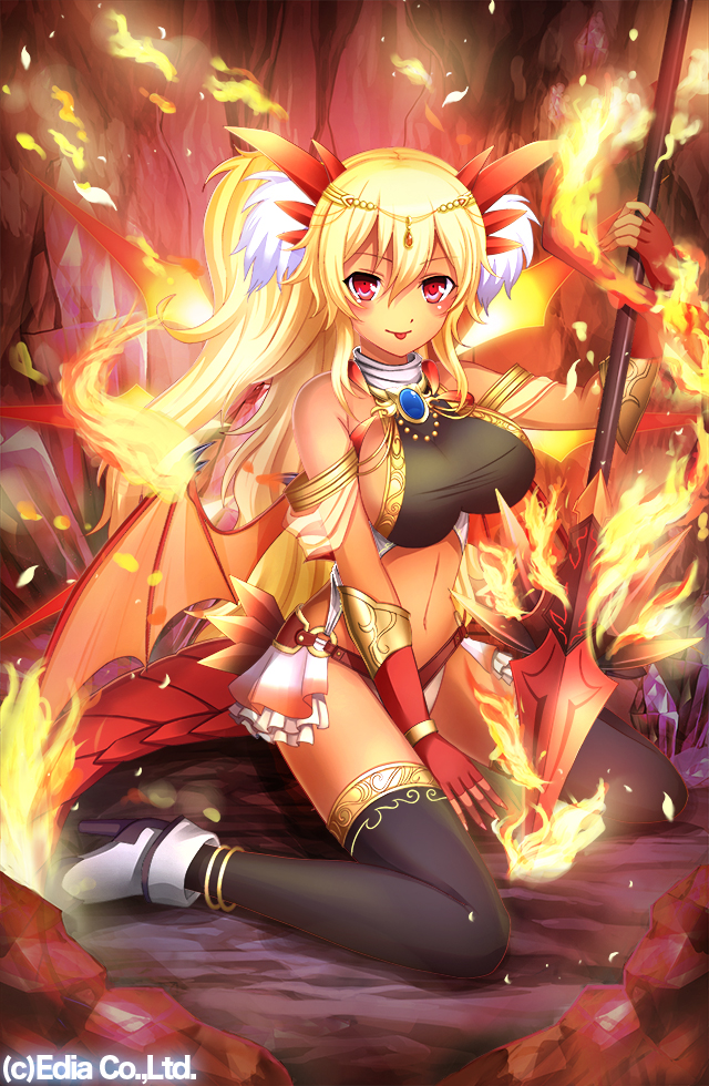 1girl, black_legwear, blonde_hair, blush, brooch, fingerless_gloves, fire, gloves