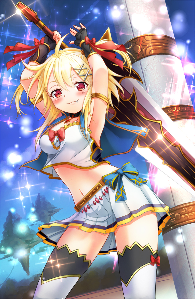 1girl, :3, arms_up, blonde_hair, blush, bow, fang, fingerless_gloves, gloves, hair_ornament, hairclip, meiyaku_no_guardian_knights, merope_(guardian_knights), midriff, navel, skirt, solo, sword, thighhighs, violet_eyes, weapon, yukiko013