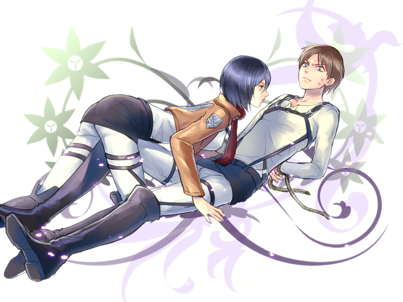 1boy, 1girl, arms_behind_back, belt, black_hair, brown_hair, collarbone, eren_jaeger