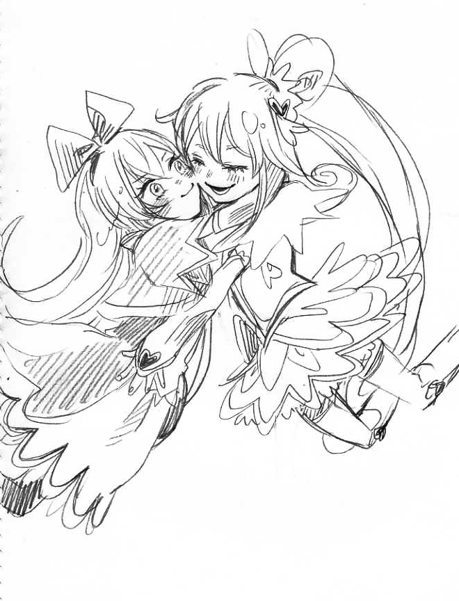 2girls, aida_mana, bow, cure_heart, dokidoki!_precure, dress, hair_bow, half_updo