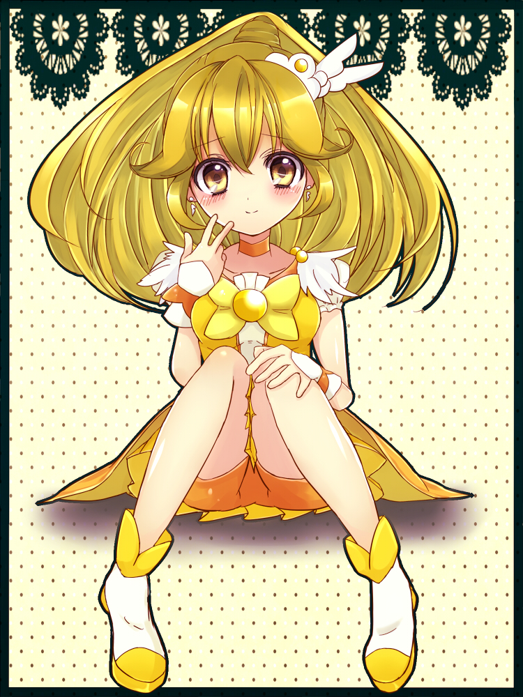 1girl, bike_shorts, blonde_hair, boots, breasts, choker, cure_peace, dress