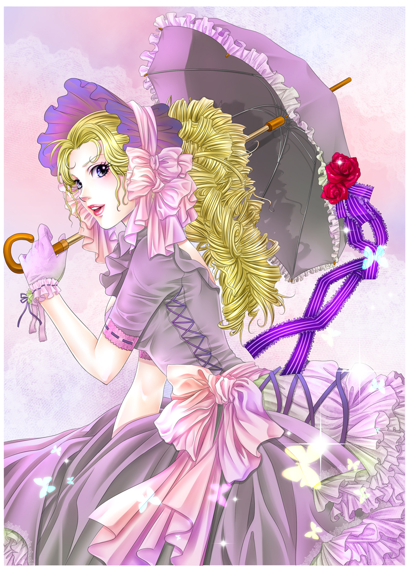 bare_back, blonde_hair, blue_eyes, bow, butterfly, curly_hair, dress, drill_hair, flower, gloves, gown, lipstick, long_hair, marie_antoinette_(versailles_no_bara), parasol, petticoat, ribbon, rose, smile, solo, striped, striped_ribbon, tamari_(flawless), teeth, umbrella, versailles_no_bara, victorian
