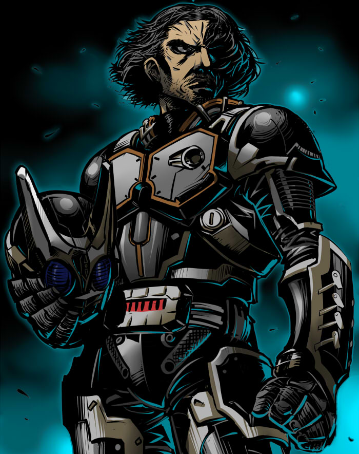 1boy, aura, black_hair, body_armor, breastplate, facial_hair, faulds, gloves