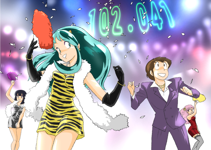 1boy, 3girls, brown_hair, confetti, dress, elbow_gloves, eyeshadow, fan