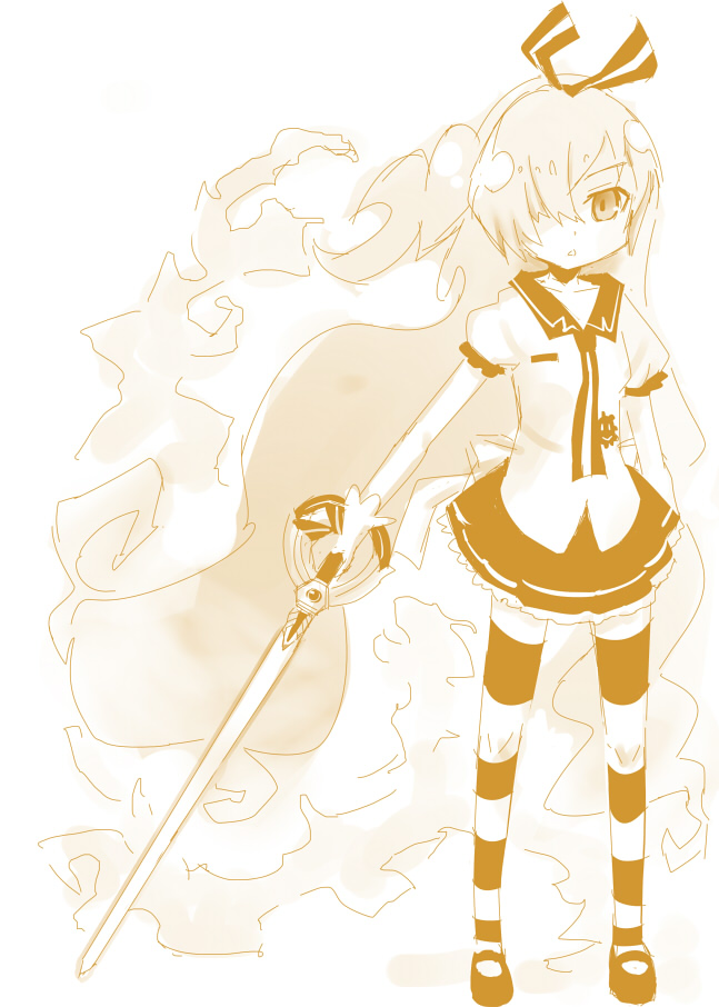 1girl, agenasu, gen'ei_wo_kakeru_taiyo, hair_ornament, hair_over_one_eye, hair_ribbon, long_hair, mahou_shoujo, rapier, ribbon, shoes, skirt, solo, striped, striped_legwear, sword, taiyo_akari, thigh-highs, very_long_hair, weapon, yo, zettai_ryouiki