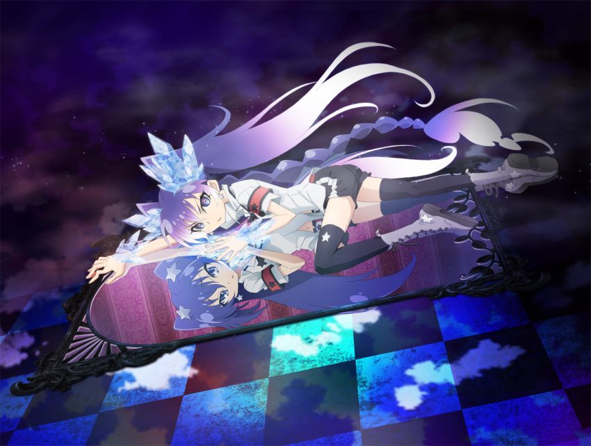 1girl, blue_eyes, blue_hair, dual_persona, gen'ei_wo_kakeru_taiyo, kanju, lying, mirror